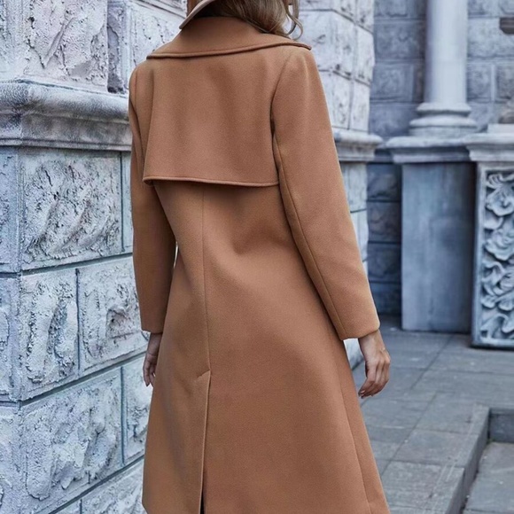 Cozy Double Breasted Button Trench Pea Coat Camel - Picture 2 of 9